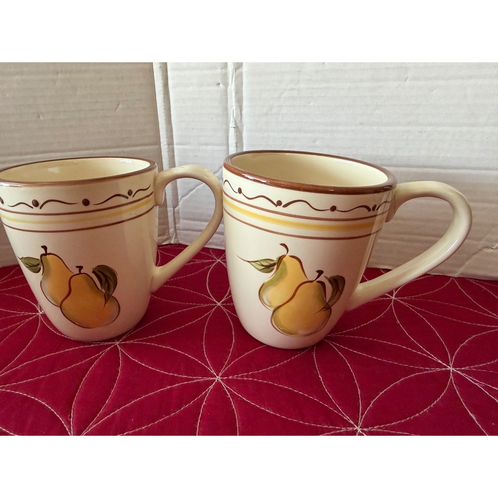 Home Around the Orchard Coffee Mugs Set‎ of 2 Pear Fruit Pattern Cream Ceramic